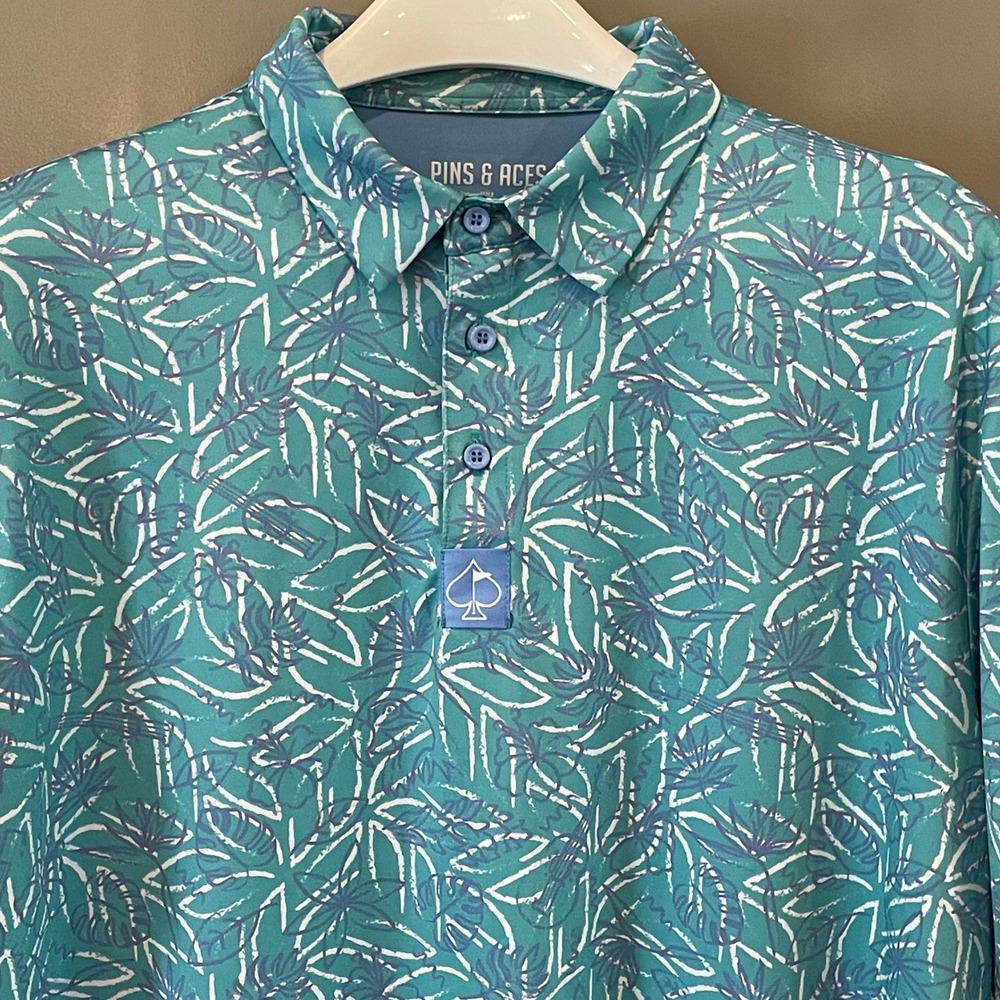 Pins & Aces Mens XXL Golf Polo Shirt Teal Tropical Leaf Guitar Print Performance
